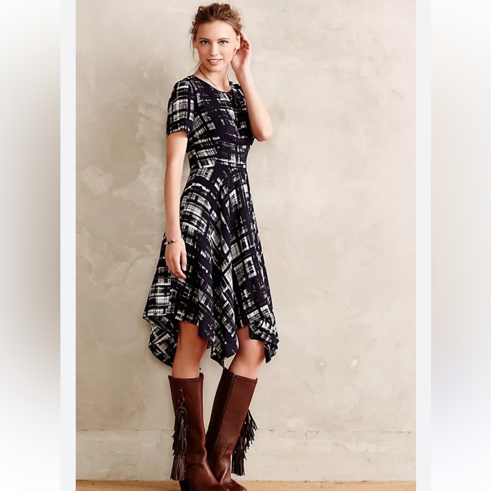 Anthropologie Corey Lynn Calter paint strokes pattern 2 black white lined dress - Picture 2 of 15